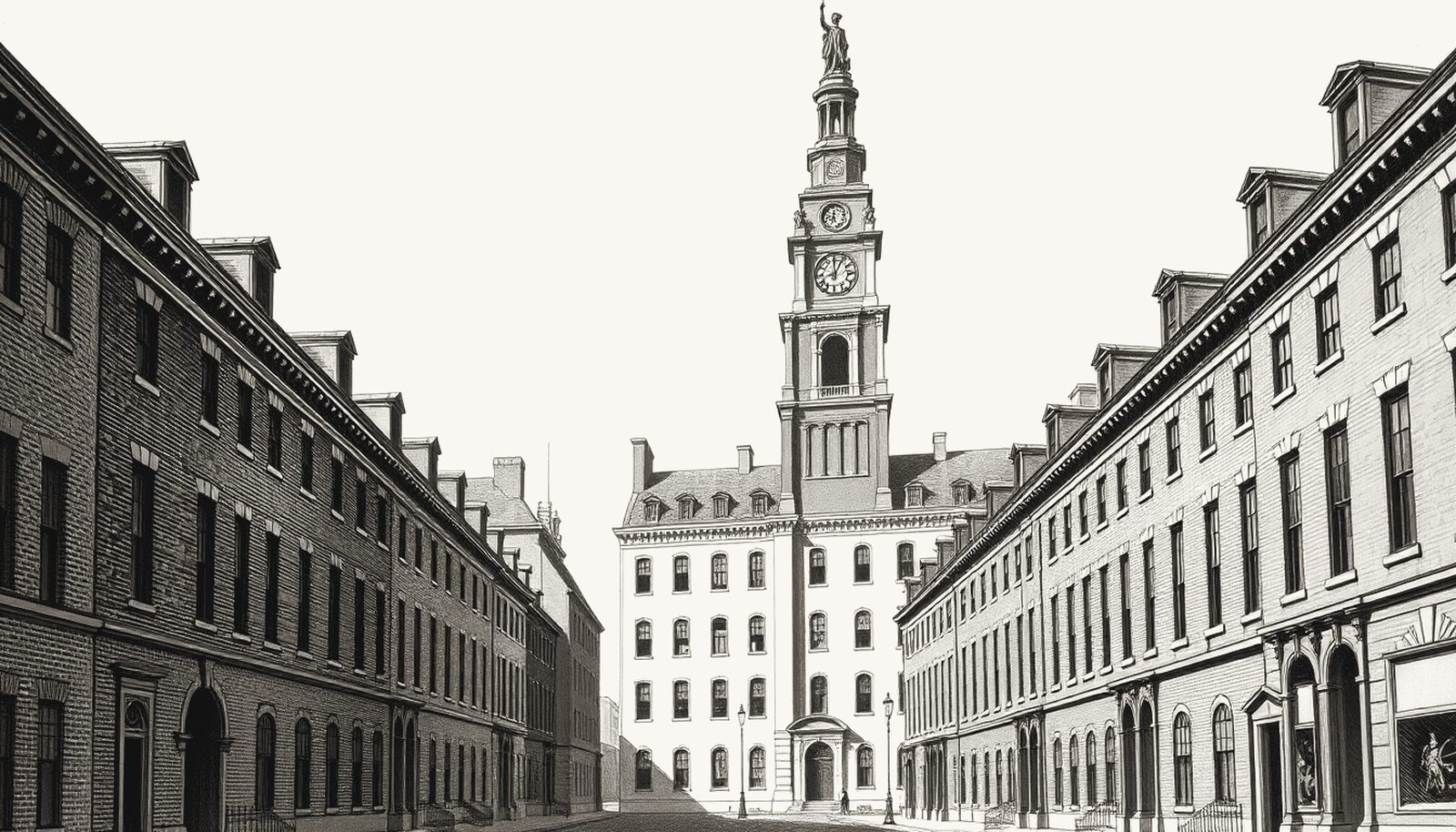 Engraving-style illustration of a Philadelphia street of brick rowhouses leading to a clock tower.