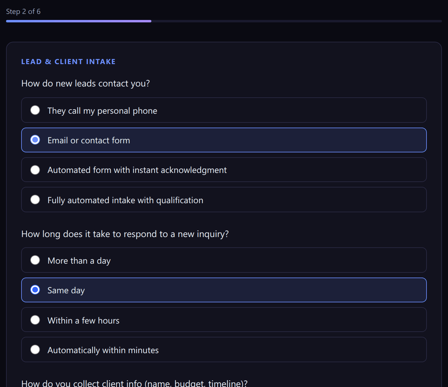 The question step of the repeated-work check on a laptop screen, with two answers chosen.